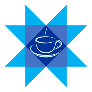 Blue eight-pointed star logo with coffee cup inside